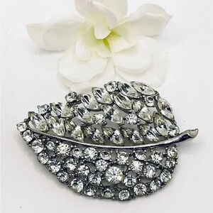 Vintage Rhinestone Leaf Silver Tone Brooch